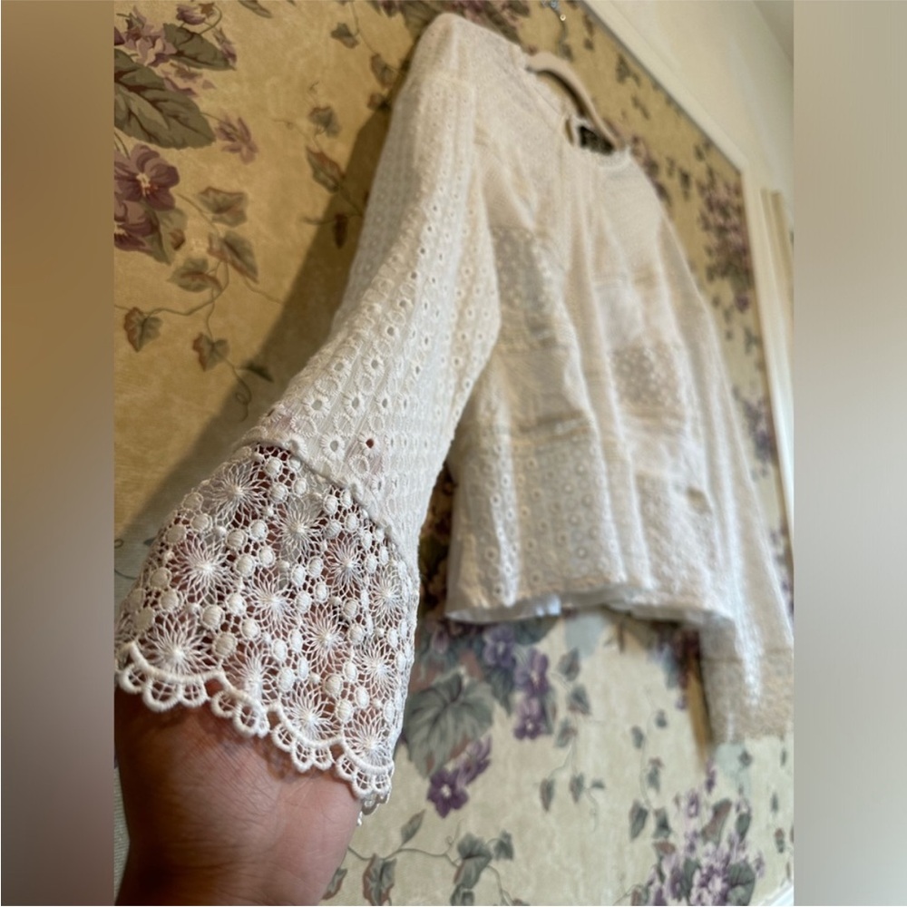🌼 Anthropologie James Coviello White Eyelet Lace long sleeve Peasant Blouse XL - Picture 8 of 13